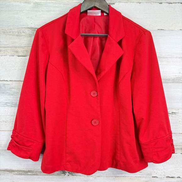 Dressbarn Red Blazer Women's Size L 3/4 Sleeve‎ Ruched Cuff Button Front - Picture 1 of 12